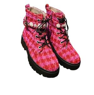 Betsey Johonson Girl's Fuchsia Multi Jonnie Combat Boots Size 4